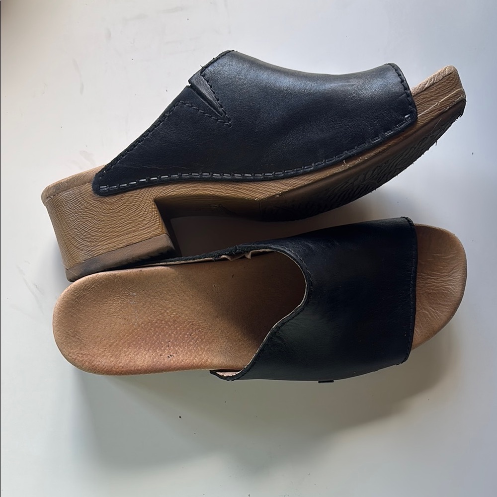 Dansko Black Leather Mules with Wooden Sole